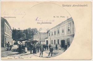 Abrudbánya, Abrud; M. kir. posta, Kir. Járásbíróság, Bányabiztosság, piac. Molnár Árpád kiadása / post office, district court, mine office, market (kis szakadás / small tear)