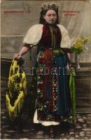 1911 Bánffyhunyad, Huedin; Menyasszony pártában, erdélyi folklór / Transylvanian folklore, bride (ázott / wet damage)