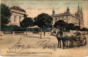 1905 Temesvár, Timisoara; Józsefvárosi zárda, montázs lovaskocsival / nunnery, montage with horse-drawn carriage (ázott / wet damage)
