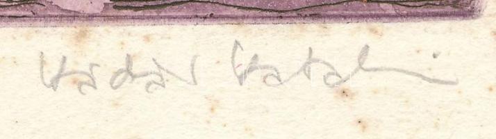 Kádár Katalin (1951-): Alkony (Balatoni vitorlások). Színes rézkarc, papír, jelzett, kissé foltos, 1...