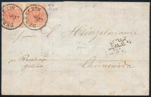 1854 3kr pár levélen liliputi vágással / 3kr pair on cover DEBRECZIN