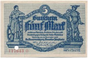 Német Birodalom / Chemnitz / 1918. 5M "Chemnitzi Gyáriparosok Pénzügyi Szövetsége" lyukasztással érvénytelenítve T:XF Germany / Chemnitz 1918. 5 Mark "Finanzvereinigung Chemnitzer Industrieller" invalidated by hole C:XF