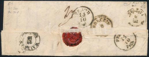 ~1855 9kr MP III. levélen Piskoltról Pestre, onnan továbbküldve Vácra, majd vissza Pestre. Nagyon ér...