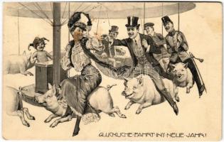 1907 Glückliche Fahrt in's neue Jahr! / New Year greeting art postcard, pig carousel. Theo Stroefer Ser. 514. Nr. 1. s: Theodor Zasche (fl)