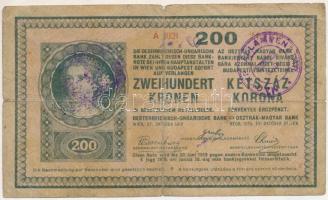 1918. 200K "1021" sima hátlappal, hamis "Magyar Állampénztár" felülbélyegzéssel T:VG folt, kis szakadás, anyaghiány K31/2Be