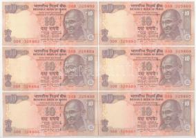 India 2014. 10R (6x) sorszámkövetők &quot;30R 329802 - 30R 329807&quot; T:UNC  India 2014. 10 Rupees (6x) consecutive serials &quot;30R 329802 - 30R 329807&quot; C:UNC