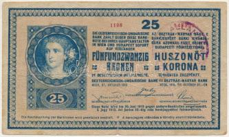 1918. 25K "1108" hullámos hátlappal, hamis "Magyar Állampénztár" felülbélyegzéssel, a hátoldalán halvány, kivehetetlen szárazbélyegzővel T:F,VG folt Adamo K22Be