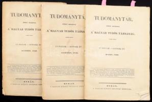 1842 Tudománytár. Új folyam. Hatodik év. 1842. julius. Értekezések. 12. kötet., 1842. augusztus, october. Szerk.: Luczenbacher János és Almási Balogh Pál. Közre' bocsátja a' Magyar Tudós Társaság. Buda, 1842, Magyar Királyi Egyetem' betűivel, 1-66,241-280 p.+1 t.; 67-130,281-320 p.;195-258,361-400 p. Benne numizmatikai témájú írással is: [Érdy János] Luczenbacher János: Kiadatlan római pénzek. Hozzá tartozó rézmetszetű képtáblával. Kiadói papírkötés, szakadt borítókkal, az október kötetének a gerince hiányos, a füzet teste nagyrészt szétvált.