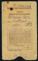 1949 Budapesti Helyi Érdekű Vasutak Rt. (BHÉV) fényképes tanulóbérlet, kissé viseltes állapotban