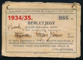 1934/35 Budapesti Lawn-Tennis és Korcsolyázó Egylet fényképes bérletjegy, kissé sérült