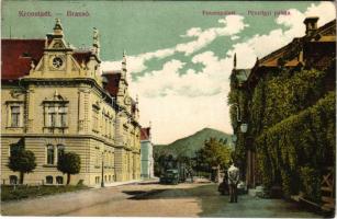 1916 Brassó, Kronstadt, Brasov; Pénzügyi palota, városi vasút, vonat, gőzmozdony / Finanzpalast / financial palace, urban railway, train, locomotive (r)