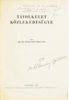 Fellner Frigyes, ifj.: Távolkelet közlekedésügye. A szerző, ifj. Fellner Frigyes (1908-1940) közgazdász, egyetemi magántanár által egyetemi diáktársa, Báró magyargyerőmonostori Kemény Boldizsár (1908-1983) részére DEDIKÁLT! Budapest, 1932, Gergely R. (Springer Gusztáv ny.) 255 + [1] p. + 3 t. (ebből 2 kihajtható) + 1 térkép. Egyetlen kiadás. Korabeli félvászon kötésben, címlapon Báró magyargyerőmonostori Kemény Boldizsár (1908-1983) névbejegyzésével, kissé sérült gerinccel, kissé laza kötéssel. A kötetben a szerző elsősorban Kína, Hongkong, Japán, Sziám (Thaiföld), Korea közlekedését veszi figyelembe, kitér vasútra, hajózásra, útügyre, automobilizmusra, légi közlekedésre, érinti a kommunikációt (posta, telefon, távíró, szikratávíró) és taglalja a különböző földrészekhez való közlekedési kapcsolatokat is.