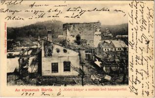 1902 Bártfa, Bardiov, Bardejov; A tűzvészben elpusztult Bártfa. A keleti bástya a mellette lévő házcsoporttal. Divald Adolf kiadása / bastion ruins after the fire