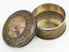 Szecessziós ezüstözött alpakka bonbonier, jelzett, kopással, kis ütődéssel, d: 11,5 cm