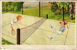 Tenisz meccs, humor / Tennis match, sport humour. WSSB 9592/3. (EK)