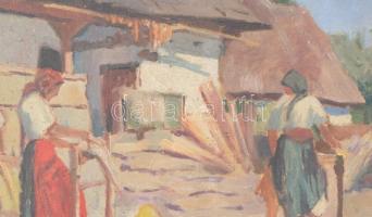 Takáts Zoltán (1914-1983): Napfényes udvar menyecskékkel. Olaj, vászon. Jelezve jobbra lent. Sérült....