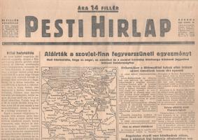 [II. Világháború] Pesti Hirlap. 1944. szeptember 20. (Napilap, LXVI. évfolyam, 213. szám) "Aláírták a szovjet-finn fegyverszüneti egyezményt -- Hull kijelentette, hogy az angol, az amerikai és a szovjet kormány éleshangu tiltakozó jegyzéket intézett Svédországhoz -- Hollandiában a földreszállási helyek ellen intézett német támadások lassan tért nyernek -- Angolszász részről nem kételkednek abban, hogy a németek légi hadereje növekedőben van" Félbehajtva, jó állapotban.