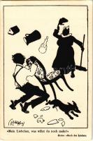 Mein Liebchen, was willst du noch mehr? Heine - Buch der Lieder / Silhouette art postcard, marriage humour, angry wife. B.K.W.I. 121-11. s: Schönpflug (EK)