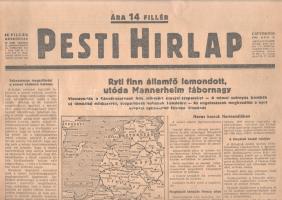 [II. Világháború] Pesti Hirlap. 1944. augusztus 3. (Napilap, LXVI. évfolyam, 174. szám) "Ryti finn államfő lemondott utóda Mannerheim tábornagy -- Visszaverték a Kárpát-szorosok felé előretört szovjet csapatokat -- A német szárnyas bombák uj támadási módszerrel, csoportosan hullanak Londonra -- Az angolszászok megkezdték a nyilt várossá nyilvánitott Firenze lövetését -- Heves harcok Normandiában -- Fokozatosan megszilárdul a német védelem keleten." Félbehajtva, jó állapotban.