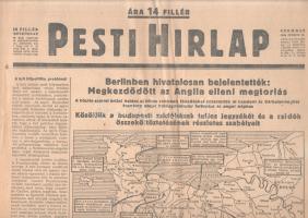 [II. Világháború] Pesti Hirlap. 1944. junius 17. (Napilap, LXVI. évfolyam, 135. szám) "Berlinben hivatalosan bejelentették: Megkezdődött az Anglia elleni megtorlás -- A közlés szerint óriási hatásu uj titkos robbanó lövedékekkel árasztották el Londont és Délkelet-Angliát -- Morrison angol belügyminiszter felhivása az angol néphez -- Közöljük a budapesti zsidóházak teljes jegyzékét és a zsidók összeköltöztetésének részletes szabályait -- Újfajta legnehezebb méretű robbanótestekkel bombázták Angliát." Félbehajtva, jó állapotban.