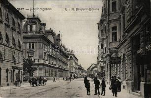 1908 Graz, Neuthorgasse, K.u.k. Hauptpost-Gebäude, Erste Vorarlberger Käse- & Butter Handlung / street, post office, shop of Adolf Beer, cheese and butter shop (Rb)