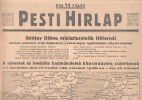 [II. Világháború] Pesti Hirlap. 1944. junius 8. (Napilap, LXVI. évfolyam, 128. szám) "Sztójay Döme miniszterelnök Hitlernél -- Szivélyes eszmecsere során megbeszélték a német-magyar együttműködés időszerű kérdéseit -- A németek az inváziós hadműveletek kiterjedésére számitanak -- A St. Malo-öbölben ujabb partraszállási hajók gyülekezését figyelték meg -- Nagy brit veszteségek." Félbehajtva, jó állapotban.