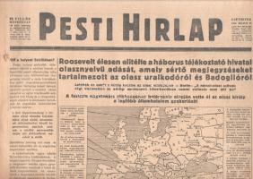 [II. Világháború] Pesti Hirlap. 1943. julius 29. (Napilap, LXV. évfolyam, 169. szám) "Roosevelt élesen elitélte a háborus tájékoztató hivatal olasznyelvű adását, amely sértő megjegyzéseket tartalmazott az olasz uralkodóról és Badoglióról -- Letették az esküt a király kezébe az olasz miniszterek -- Berlin: "A német-olasz szövetségi viszonyban az eddigi események következtében semmi változás nem állt be" -- A fasiszta nagytanács többségének határozata alapján vette át az olasz király a legfőbb államhatalom gyakorlását." Félbehajtva, jó állapotban.