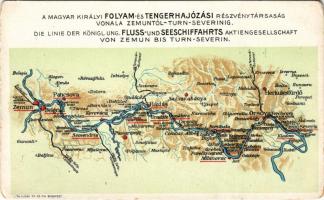 A Magyar Királyi Folyam- és Tengerhajózási Részvénytársaság (MFTR) vonala Zimonytól Szörényvárig / Map of The Royal Hungarian River and Sea Shipping Lines Company, line between Zemun and Turnu Severin. Klösz Gy. és Fia litho (EK)