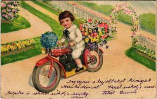 1933 Children art postcard, motorcycle, motorbike. Amag 2581. (EK)