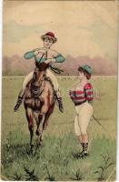 Erotic lady art postcard, horse riding (EK)