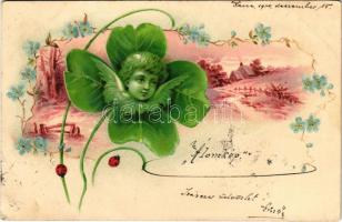 1900 Art Nouveau, floral, litho greeting card with clover (EK)