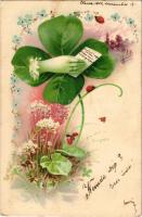 1900 Art Nouveau, floral, litho greeting card with clover (EK)