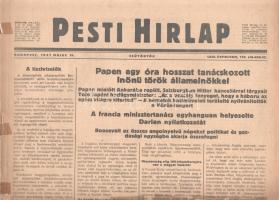 [II. Világháború] Pesti Hirlap. 1941. május 15. (Napilap, LXIII. évfolyam, 110. szám) "Papen egy óra hosszat tanácskozott Inönü török államelnökkel -- Papen mielőtt Ankarába repült, Salzburgban Hitler kancellárral tárgyalt -- Tojo japáni hadügyminiszter: "Az a veszély fenyeget, hogy a háboru az egész világra kiterjed" -- A németek hadmüveleti területté nyilvánitották a Vörös-tengert -- A francia minisztertanács egyhanguan helyeselte Darlan nyilatkozatát -- Roosevelt az összes angolnyelvű népeket politikai és gazdasági egységbe akarja összefogni." Félbehajtva, jó állapotban.