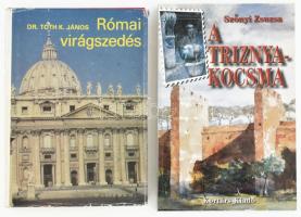 2 db Rómával kapcsolatos könyv: Szőnyi Zsuzsa: A Triznya-kocsma. Magyar sziget Rómában. Bp., 2006, Kortárs. Kiadói papírkötés. + Tóth K. János: Római virágszedés. Bécs, 1988, Művészettörténeti Társaság. Emigráns kiadás. Kiadói egészvászon-kötés, kissé viseltes kiadói papír védőborítóban.