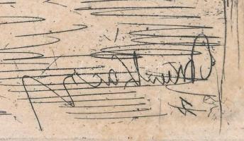 Munkácsy Mihály (1844-1900): Konyhában, rézkarc, papír, jelzett a karcon, foltos, 20×26 cm