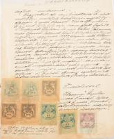 cca 1850-1950 kb 80 darabos okmánybélyeges okmány gyűjtemény Tokaj, Miskolc környékéről, nagyrészt 1867-1900 közötti bírósági és hivatalos iratok, nagy címletű lerovásokkal, némi I. és II. infláció gyűrűs berakóban