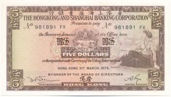 Hongkong 1975. 5$ T:UNC Hong Kong 1975. 5 Dollars C:UNC Krause P#181