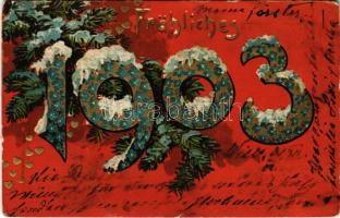 1902 Fröhliches 1903 / New Year greeting art postcard. Art Nouveau, Emb. litho (kis szakadások / sma...