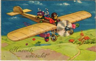 Húsvéti üdvözlet / Easter greeting art postcard, chicken pilot with aircraft. EAS M. 1417. (EK)