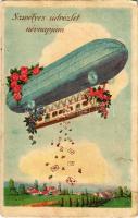 1939 Szívélyes üdvözlet névnapjára / Name Day greeting art postcard with airship. STEPA 123. (fl)