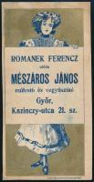 Romanek Ferenc utóda Mészáros János műfestő és vegytisztító, Győr, Kazinczy utca számolócédula, restaurált