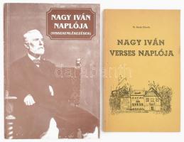 Felsőgyőri Nagy Iván (1824-1898) genealógus, heraldikus, történészhez kapcsolódó 2 db könyv: Tyekvicska Áprád, Andor Csaba (szerk.): Nagy Iván naplója. (Visszaemlékezések). Nagy Iván Könyvek 1. Balassagyarmat, 1998, Nagy Iván Történeti Kör-Nógrád Megyei Levéltár. Kiadói papírkötés. + Dr. Szabó Károly (szerk.): Nagy Iván verses naplója. Balassagyarmat, 1967, Balassagyarmat Város Tanácsa. Kiadói papírkötés.