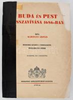 Károlyi Árpád: Buda és Pest visszavívása 1686-ban. A kétszázados emlékünnepély alkalmára Budapest fővárosa megbízásából eredeti kútfők alapján írta - -. A kétszázötvenéves évfordulóra átdolgozta: Wellmann Imre. Bp.,1936., Budapest Székesfőváros, XIX+3+406 p.+6 (kihajtható képtáblák)+4 (kihajtható térkép) t. Fekete-fehér egészoldalas képtáblákkal. Kiadói papírkötés, amatőr módon javított kötéssel és gerinccel, az elülső borítón hiánnyal, egy kihajtható tábla ketté szakadt, a lapok felső szélein kis sérülésekkel (eredetileg felvágatlan példány lehetett és felvágták.)