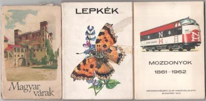 3 db MODERN magyar képeslap sorozat: Magyar várak, Lepkék, Mozdonyok 1861-1962