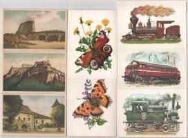 3 db MODERN magyar képeslap sorozat: Magyar várak, Lepkék, Mozdonyok 1861-1962