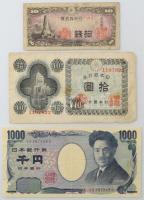 Japán 1944. 10s + 1946. 10Y + 2004-2011. 1000Y T:F,VG közte szép papír Japan 1944. 10 Sen + 1946. 10 Yen + 2004-2011. 1000 Yen C:F,VG within fine paper