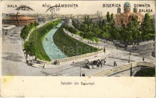 1905 Bucharest, Bukarest, Bucuresti, Bucuresci; Hala, Riul Dambovita, Biserica Domnita Balasa / market hall, river, church, horse-drawn tram (EK)