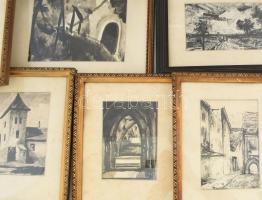 Olvashatatlan jelzéssel, 6 db rajz: Tájak, utcarészletek. Tus, papír. Üvegezett, dekoratív, részben ...