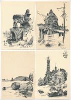 Budapest - 11 db második világháború utáni állapotokat bemutató grafikai lap, Pfannl Egon szignóval