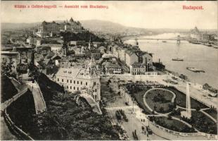 1907 Budapest I. Kilátás a Gellérthegyről, Szent Gellért szobor, Tabán, Döbrentei tér, Királyi vár, villamos, Lánchíd